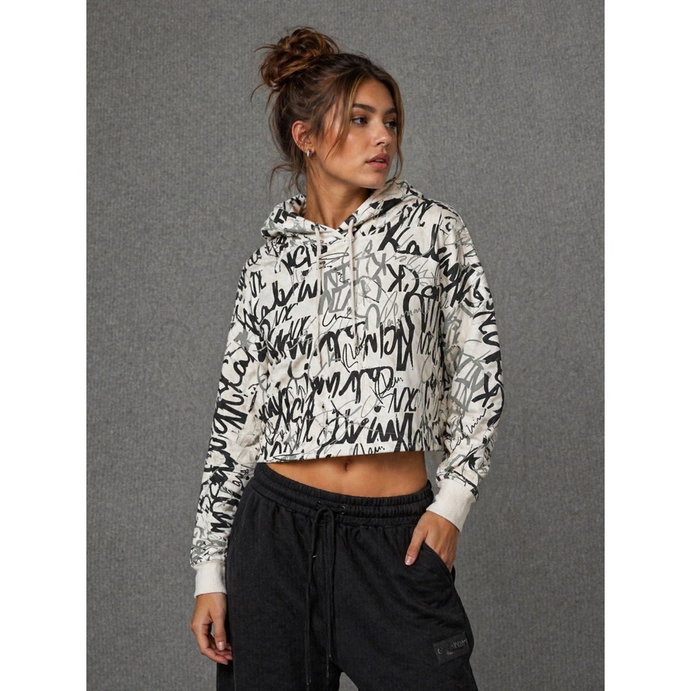 Calvin Klein Performance Womens White Graffiti Logo Cropped Hoodie Sweatshirt L